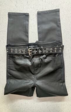 NWT The Kooples Franky Leather Effect Skinny Jeans 26 Grommet Belt Black $240